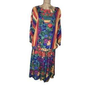 Vintage 80's Peter Popovitch Brightly Colored Floral Golden Girls Dress Set MD